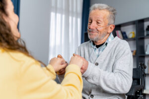 A woman uses strategies for COPD care to help her father manage his symptoms.
